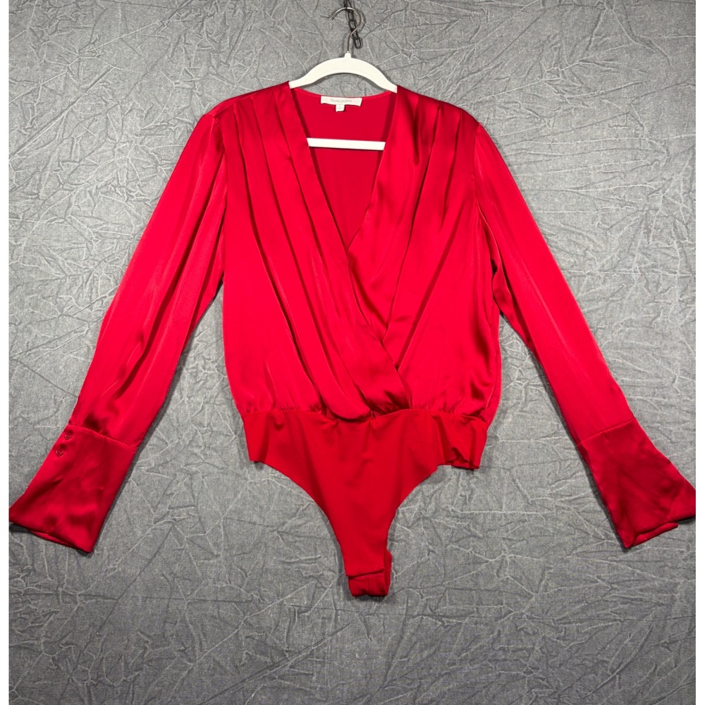 Favorite Daughter The Date Blouse Satin Bodysuit Women's M Red Surplice V-Neck